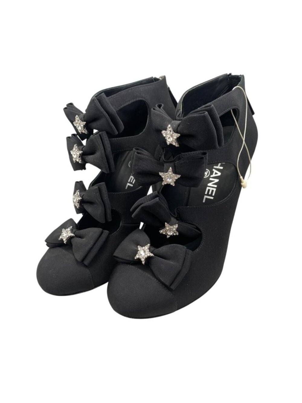 Chanel Short Boots Star Ribbon Open Black Silver
